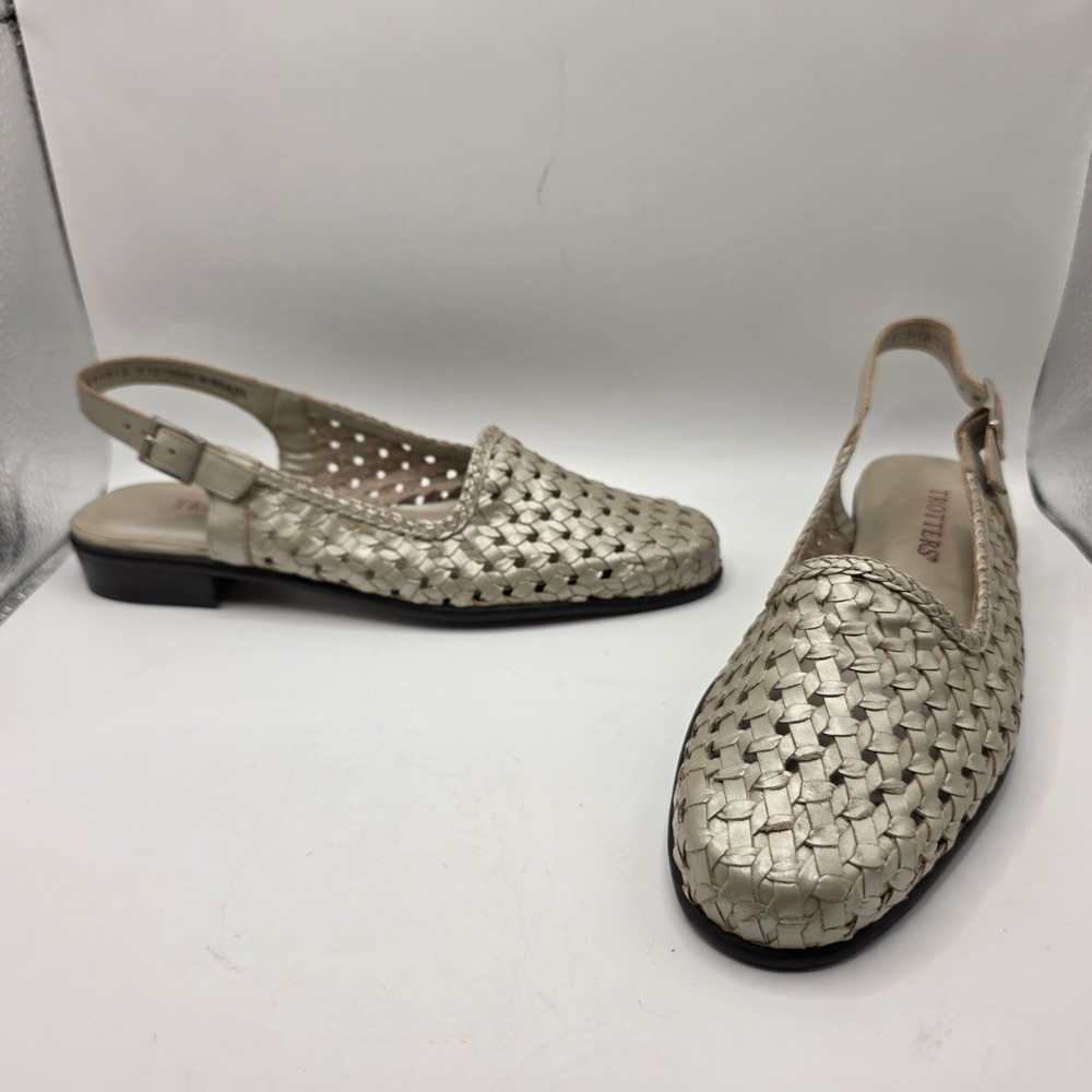 Trotters Woven Leather Slingback Flats Champagne Metallic 7S Made in Brazil